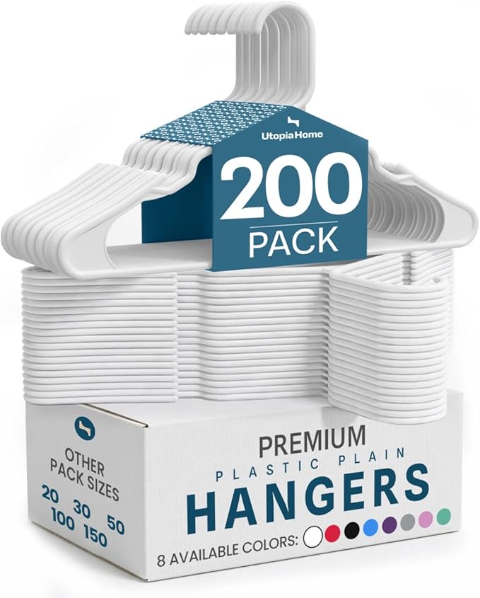 Utopia Home Plastic Hangers 200 Pack – Space Saving Clothes Hanger White | Durable & strong | Closet organizer & storage | Ideal for apartments, dorms & stocking stuffers