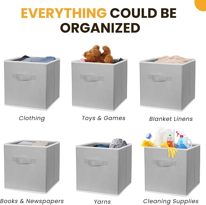 Large Storage Cubes, 13 Inch Cube Storage Bins for Shelves Closet Nursery Bedroom - 10 Pack Collapsible Storage Baskets with Handles - Fabric Bins for Organizing Magazines Clothes Toys (Grey)