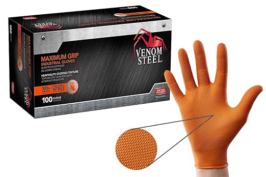 Venom Steel Orange Nitrile Gloves, 8 mil Thick, 100 Count, Maximum Grip Textured Disposable Gloves, Puncture and Rip Resistant, Hi-Visibility Orange, One Size Fits Most
