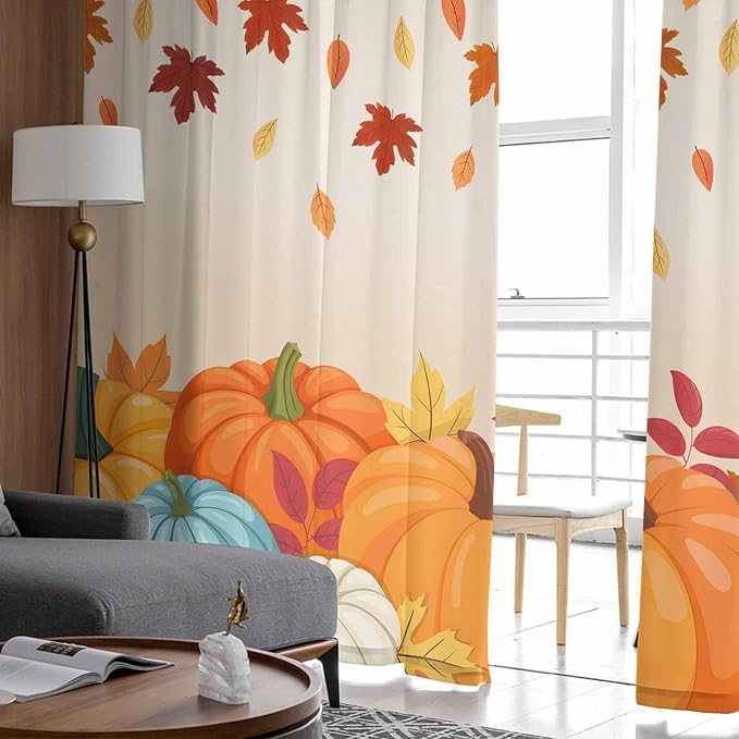 Thanksgiving Fall Chiffon Semi-Sheer Curtain 63 Inch,Autumn Pumpkins Maple Leaves Rod Pocket Voile Window Curtain Panels,Orange Watercolor Tulle Curtains Drape for Living Room/Sliding Door, 104"x63"