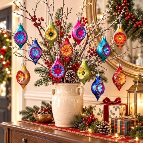 12pcs 4.1'' Vintage Christmas Glass Tree Ornament with Reflector, Oval