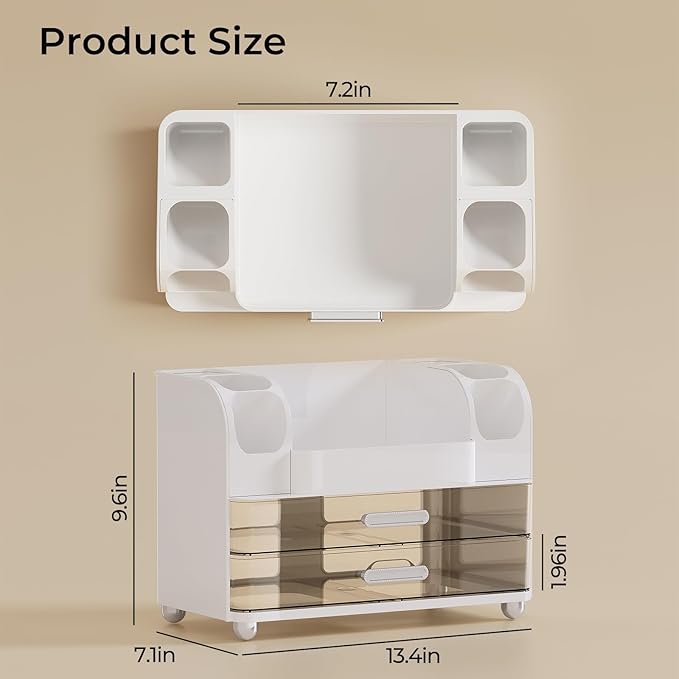 UFORU Makeup Organizer for Vanity with 2 Large Drawers, Cosmetic Display Case with Brush Holders, Easy to Storage for Bathroom Countertop Skincare, Perfume, White
