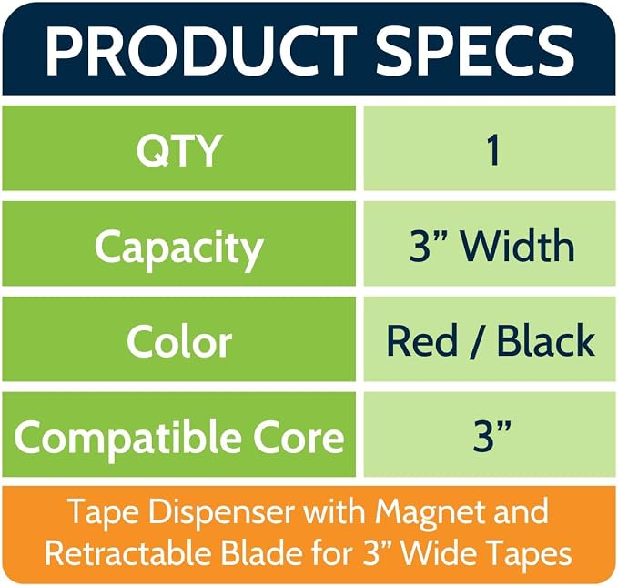 PSBM Heavy Duty Packing Tape Dispenser, 3 Inch Wide, 1 Count, Sealing Cutter, Magnetic Retractable-Blade Tape-Gun Dispenser Used for Warehouse Storage Packaging