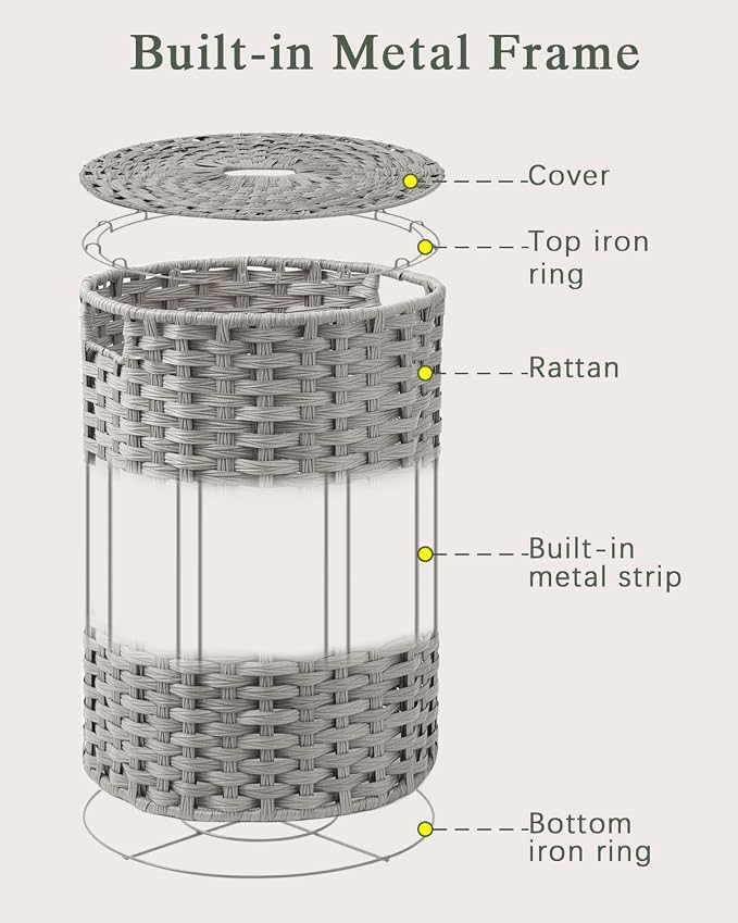 SETVSON Laundry Hamper with Lid Laundry Basket with Lid 19.0 Gal, Gray | Round Clothes Organizer with Lid, Removable Inner Liner Bag with Handles, 2 Mesh Wash Bags, Easy 5-Minute Assembly