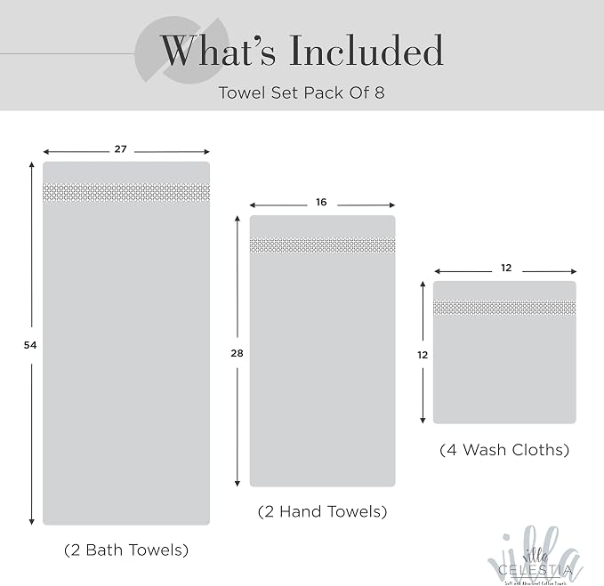 Villa Celestia 8-Piece 100% Cotton Towel Set, 2 Bath Towels, 2 Hand Towels, 4 Wash Cloth, Quick-Dry, White