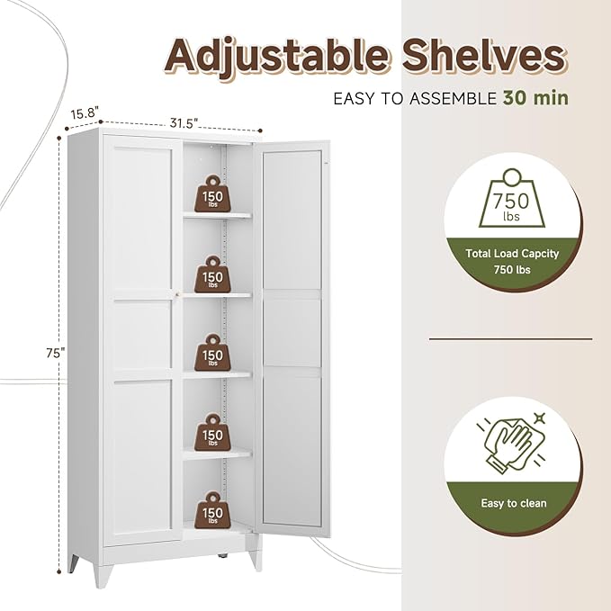 75" H Metal Storage Cabinet with 2 Doors and 4 Shelves,Tall Kitchen Pantry Cabinets,Farmhouse Utility Pantry Organizers for Cupboard/Dining/Bathroom/Home Office/Garage Room,White