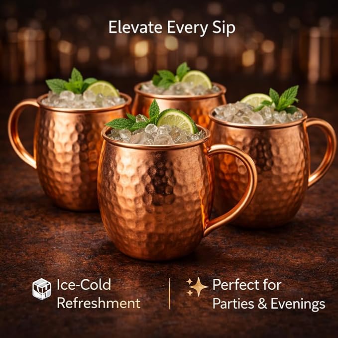 Premium Handcrafted Copper Moscow Mule Mugs Set of 4 – 16oz Hammered Solid Copper Cups, BPA-Free & Lacquer-Free, Elegant Gift Set for Cocktails, Water, Home Bar & Parties