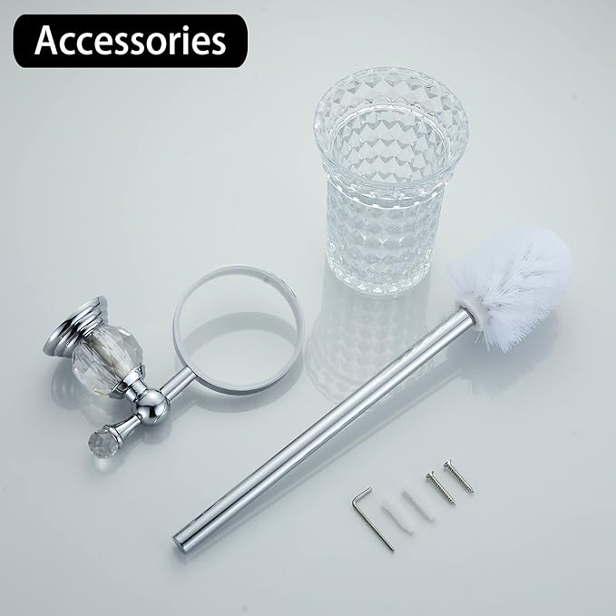 WOLIBEER Crystal Toilet Brush Holder, Chrome Toilet Cup Set with Polished Silver Brush Handle Wall Mounted for Bathroom - Decorative Design,Space Saving.