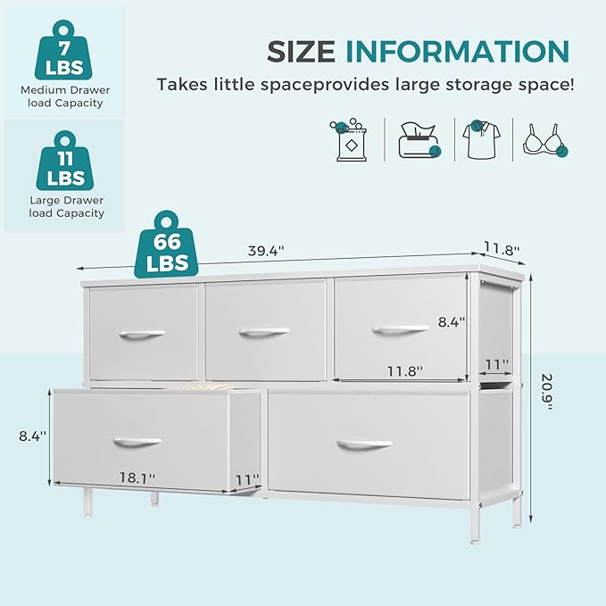 OLIXIS White Dresser for Bedroom, Wide Chest of Drawers for Clothes Storage | Fabric Bedroom Dresser with 5 Drawers, Storage Organizer Unit with Fabric Bins, Wooden Top, Living Room