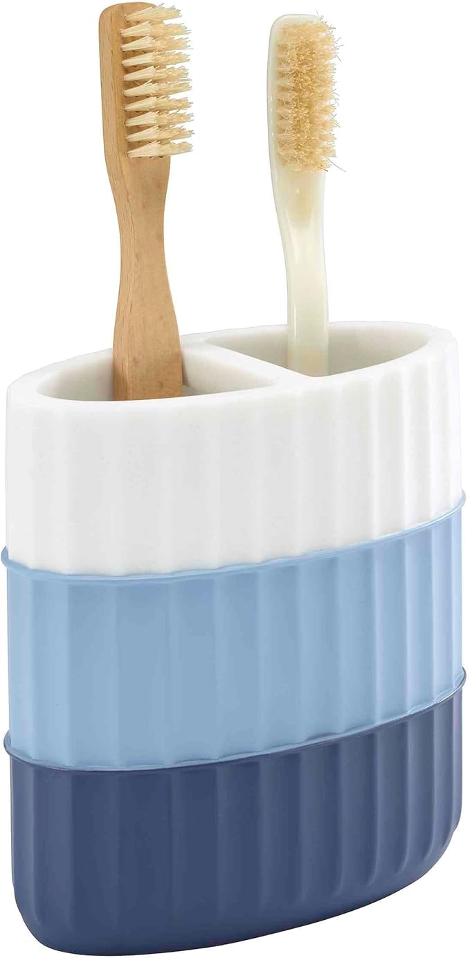 Izod - Bathroom Set, 2pc Countertop Accessories, Striped Resin Toothbrush Holder & Lotion Pump, Dorm Room Essentials (Clubhouse Collection, Blue)