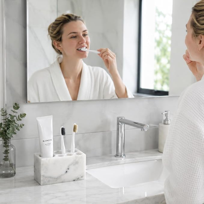 BCS Toothbrush Holder for Bathrooms, 6 Slots Open-Bottom Marble Toothbrush Organizer, Makeup Brush Stand Toothbrush Storage Collection for Bathroom Countertop Vanity Organization - Grigio Fantasy