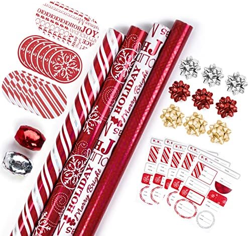 WRAPAHOLIC Christmas Wrapping Paper Set - Red and White Metallic Foil Shine Christmas Wrapping Paper Bundle with Gift Bow & Ribbon & Tag & Sticker