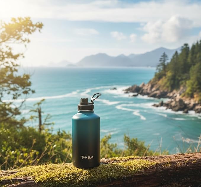 Travel Water Bottle with Carrying Bag, 3 Lids (Spout, Straw, Handle), and Bottle Brush; Leak Proof, Quality, Vacuum Insulated, Stainless Steel (Cascade Shadow, 64 oz)