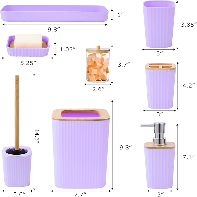 XLHOMO Purple Bathroom Accessory Set, Light Purple Bathroom Set with Trash Can, Tray, Toothbrush Holder,Toothbrush Cup,Soap Dispenser,Soap Dish,Toilet Brush and Qtip Holders