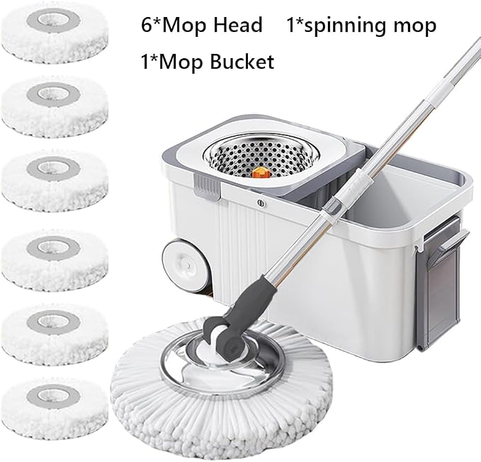 360 Spinning Floor Cleaning System with 6 Replacement Head Refills Extended Handle Hand-Free Automatic Dehydration Mop Cleaning with Bucket for Household Floor Cleaning (White Blue)