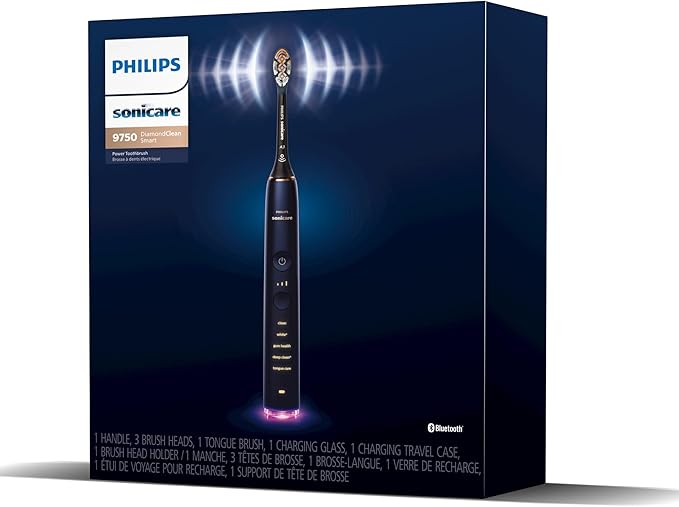 Philips Sonicare DiamondClean Smart 9750 Electric Toothbrush - Sonic Toothbrush with App, Pressure Sensor, 15 Brushing Settings, Replacement Reminder, USB Charging Travel Case, Lunar Blue, HX9954/74