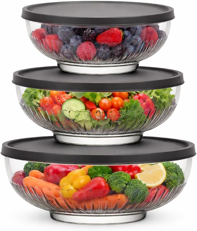 BOHEM'S 3 Pack Glass Bowls with Lids, Space-Saving Stackable Heavy Glass Food Storage Containers set with Lids, Meal Prep Containers With BPA-Free airtight Lids (4-6-11 cup) (30–50–88 oz)