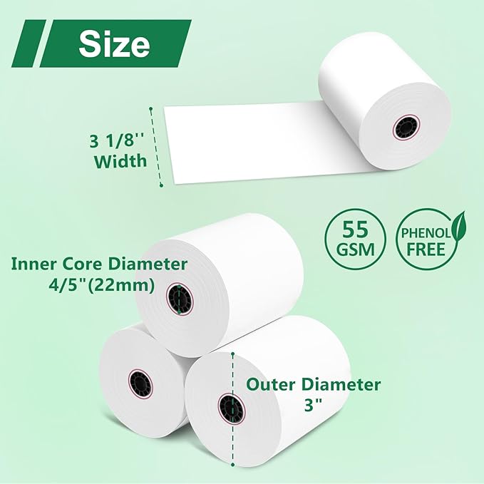 Phenol Free Thermal Paper 3 1/8" x 230', 50 Rolls Thermal Receipt Paper, BPA BPS Free Receipt Rolls for POS Systems and Credit Card