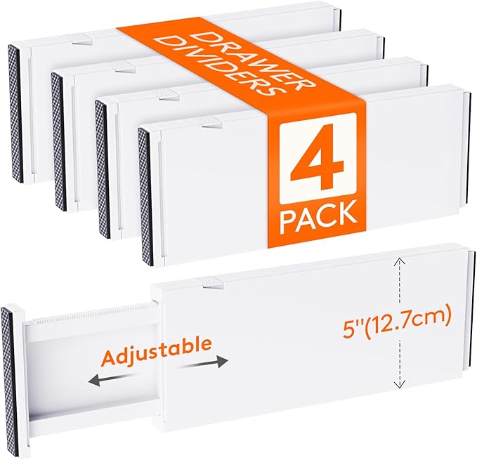 Lifewit 4 Pack 5" High Drawer Dividers 34-56cm/13.5-22" Adjustable Drawer Organizer for Clothes/Utensils, Expandable Drawer Separator in Dresser/Kitchen/Bedroom/Office Organization & Storage White