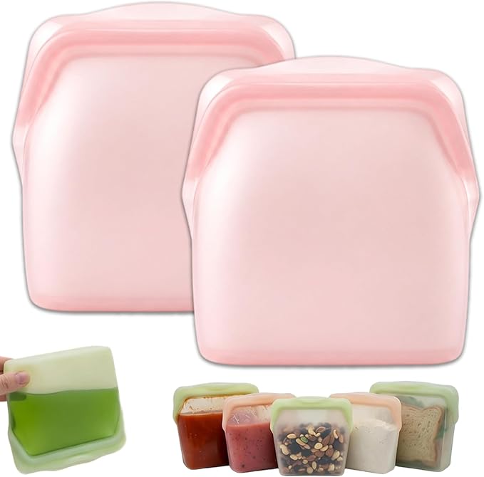New Generation Silicone Storage, Reusable Silicone Food Storage Bags, Leak-Proof Upright Freezer Bags, Odor-Proof, High-Temperature Resistant, Microwave Dishwasher Safe for Snacks Leftovers (2-Pink)