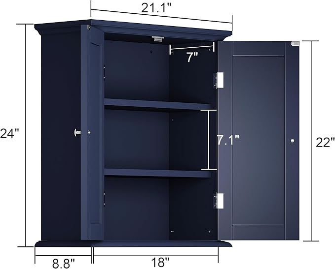 ChooChoo Bathroom Wall Cabinet, Over The Toilet Space Saver Storage Cabinet, Medicine Cabinet with 2 Door and Adjustable Shelves, Cupboard, Navy Blue