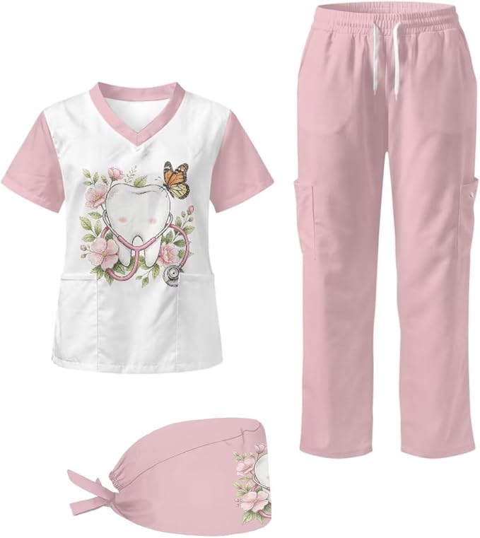 Gomyblomy Women's Scrubs Suit 3-Piece Set | Teeth Print V-Neck Top & Pants & Cap, Breathable and Stretch Fabric, S-5XL