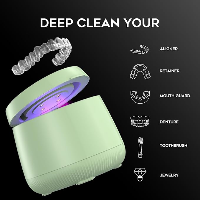 Ultrasonic Retainer Cleaner Machine, Dynamic 42-48kHz Dental Cleaning Pod with Digital Timer, 200ml Mouth Guard Cleaner Pod for Aligners, Night Guards, Dental Trays, Braces & Toothbrushes (Sage Green)