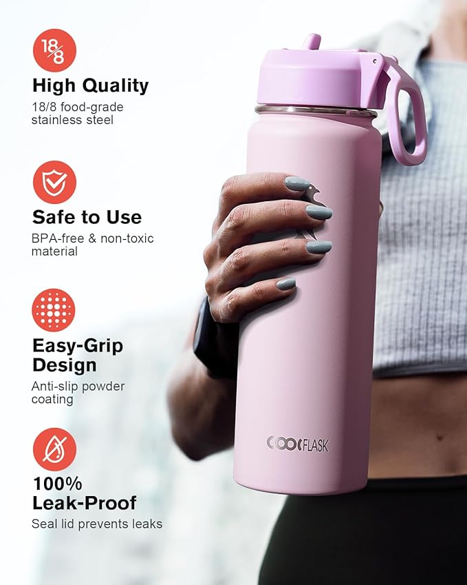Coolflask Water Bottle 24 oz Insulated with Straw, Stainless Steel Metal 3 Lids Water Flask Wide Mouth for Sports or Office, Non-BPA Keep Cold Up to 48 Hrs or Hot Up to 24 Hrs, Pink