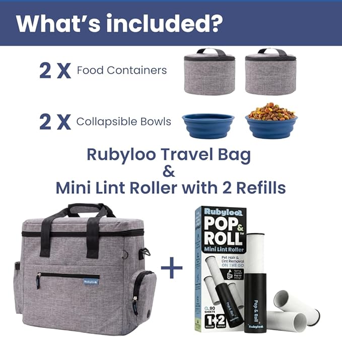 Rubyloo Mini Lint Roller Bundle Travel Size Pet Hair Remover with Retractable Cover & Grey Dog Travel Bag with Bowls Food Containers for Trips Essentials Gift Set