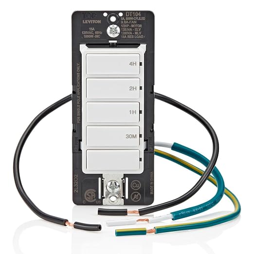 Leviton Countdown Timer Switch for household lights, heaters and exhaust fans, 30 min, 1-2-4 hour, No Neutral Wire Required, Single Pole, 15A, 1/2 HP/9.8A Fan/Motor, DT104-1LW, White