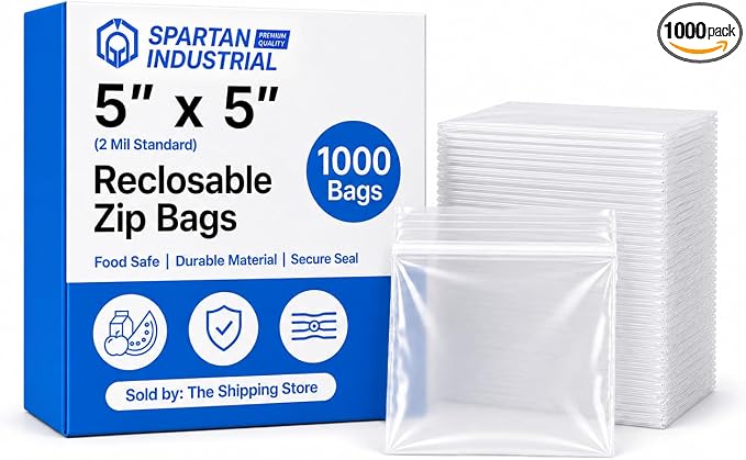 Spartan Industrial - 5” X 5” (1000 Count) 2 Mil Clear Reclosable Zip Plastic Poly Bags with Resealable Lock Seal Zipper