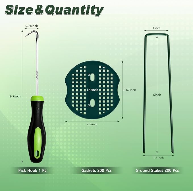 6 Inch 200 Pcs Galvanized Landscape Staples 200 Pcs Gaskets Pick Hook Garden Stakes 11 Gauge Anti-Rust Landscaping Fabric SOD Pins U Shaped Yard Turf Stakes for Weed Barrier Fabric Green