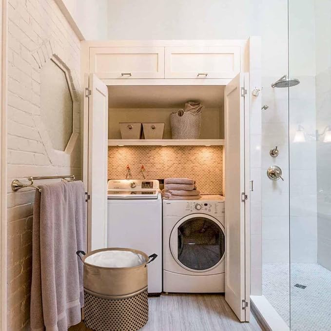 Collapsible Laundry Basket 42L, Brown Metal Hole Storage Bin Laundry Hamper with Handles, Modern Copper Net Eye Hole Pattern Waterproof Clothes Baskets for Bathroom/Bedroom 13.8 x 17 In