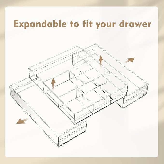 Briwooody 1 Pcs Acrylic Desk Drawer Organizer 9'' up to 18'' x 12'' x 2.1'' Expandable Drawer Organizer Trays with 8 Adjustable Compartments Clear Desk Accessories for Makeup Office Bathroom