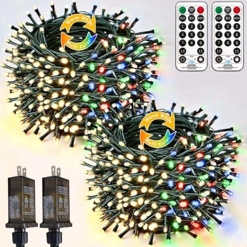 2 Pack 200LED Christmas Lights Indoor Outdoor Warm White to Multicolor