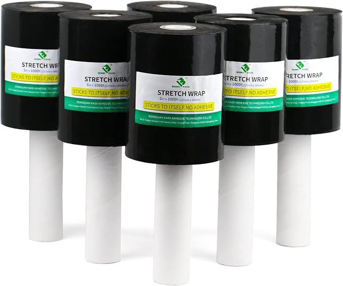 BOMEI PACK 6 Pack Industrial Black Mini Stretch Wrap Roll with Handle, 5" x 1000Feet 80 Gauge for Heavy Duty, Durable Self-Adhering Plastic Wrap for Packing, Moving