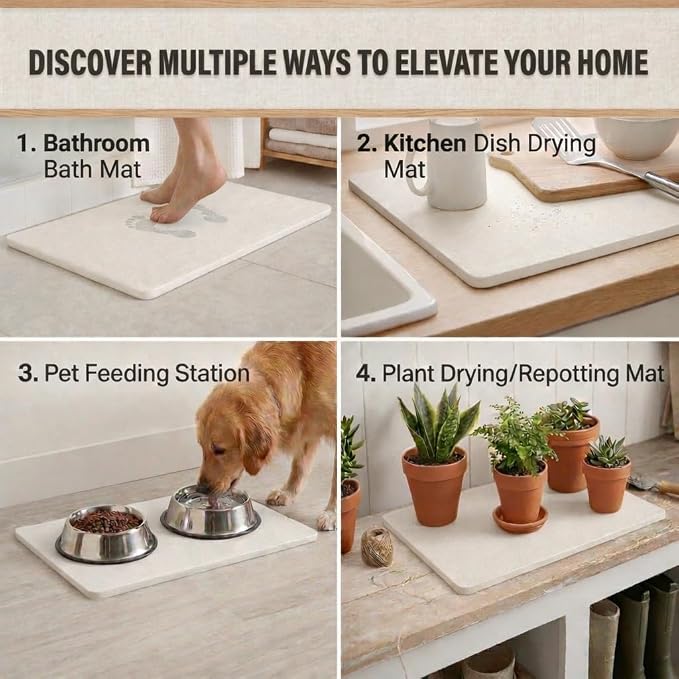 Stone Bath Mat – Diatomaceous Earth Quick Drying Non-Slip Bathroom Mat – Absorbent Diatomite Shower Mat, Durable & Easy to Clean, Modern, 23.6" x 15.3" (2 Pack White - Linea)