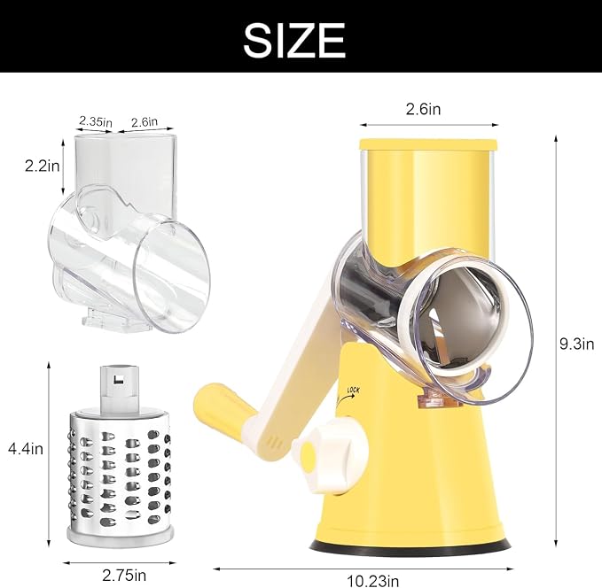 Cambom Rotary Cheese Grater Hand Crank Cheese Shredder for Fresh Cheese, Vegetable, Nuts,Non-slip Suction Base, Free Cleaning Brush Three Blades,Yellow