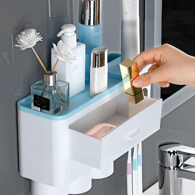 Toothbrush Rack Home Toothbrush Holder Wall Mounted Bathroom Organizer, Toothbrush Holder with Toothpaste Dispenser and Cups Bathroom Toothbrush Holder(B)