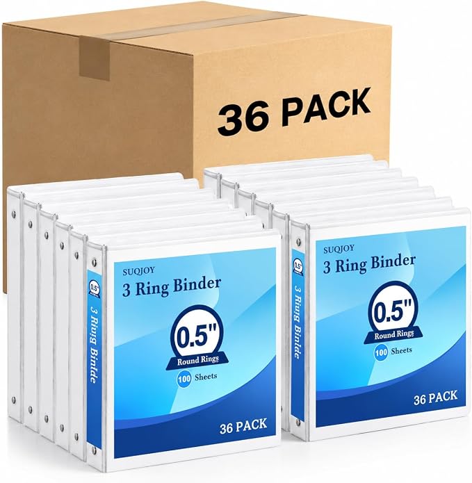 SUQJOY Durable 3 Ring Binders 0.5 Inch 36 Pack Bulk, Clear View Binders Bulk Three Ring Binders PVC Free, Fit for 8.5x11 inches for School or Office Supplie(White