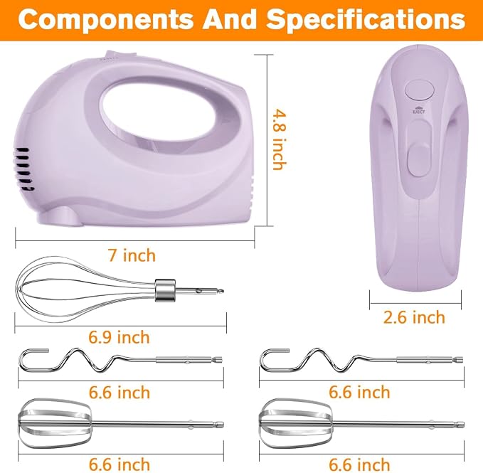 Handmixer Electric Handheld - 5 Speed Portable Kitchen Mixer Electric with 5 Stainless Steel Accessories Whisk, Food Beater for Whipping Mixing Cookies(Violet)