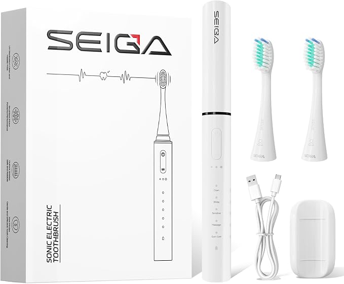 SEIGA Sonic Electric Toothbrush for Adults, Rechargeable Travel | Protective Cover,5 Modes &3 Intensities,60-Day Battery Life,Magnetic Wall Mount,Smart Timer,USB-C Charging,IPX7 Waterproof