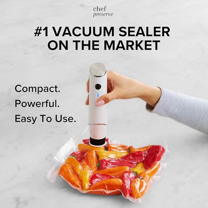 Chef Preserve Compact Vacuum Sealer for Food (Vacuum Sealer Machine + 3 Glass Vacuum Containers + 30 Reusable Vacuum Bags) Powerful Handheld Vacuum Seal Machine, Seal Meal Saver, Portable Food Sealer