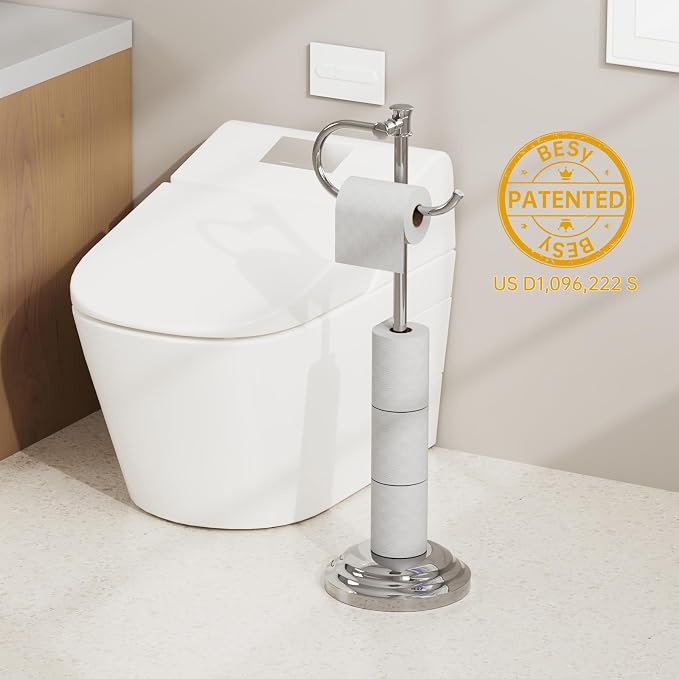 BESy Toilet Paper Holder Free Standing Bathroom Toilet Tissue Holder Stand for Floor Toilet Paper Roll Holder with Storage Hardware Accessories Rack Hand Towel Bar Polished Chrome Stainless Steel