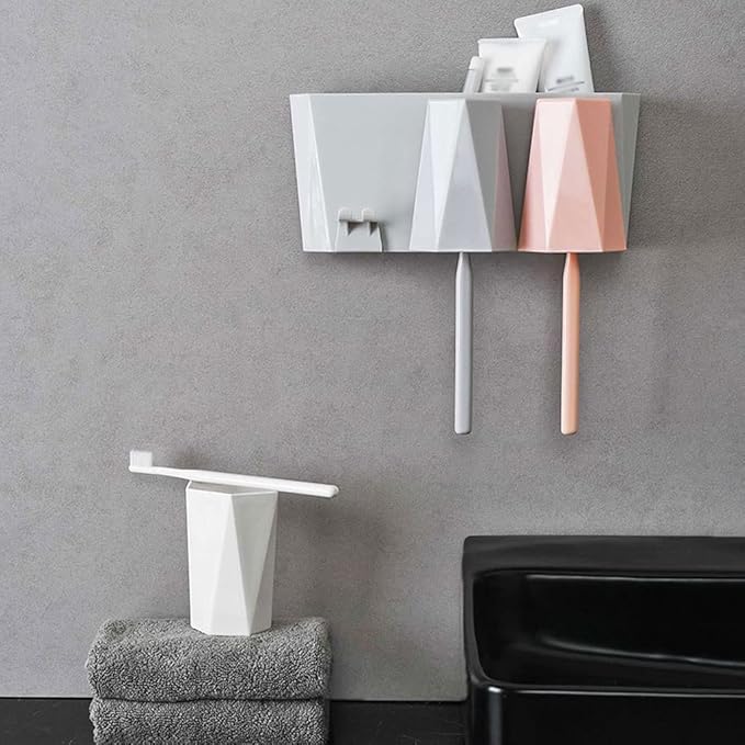 Toothbrush Rack Wall-Mounted Toothbrush Holder Hole-Free Bathroom Storage Rack with Three Sinks and Cups for Toothpaste and Makeup Bathroom Toothbrush Holder(B)