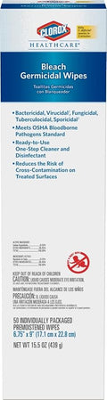 CloroxPro Healthcare Bleach Germicidal Wipes, Healthcare Cleaning and Industrial Cleaning, Clorox Wipes, 50 Count Individually Wrapped Wipes - 31424