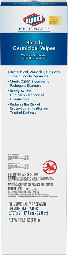 CloroxPro Healthcare Bleach Germicidal Wipes, Healthcare Cleaning and Industrial Cleaning, Clorox Wipes, 50 Count Individually Wrapped Wipes - 31424