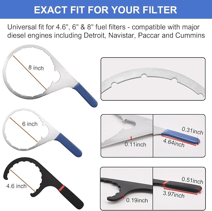 3-Piece Diesel Fuel Filter Wrench Set (4.6/6/8 Inch) - Heavy-Duty Steel w/ Non-Slip Grip - Fits Detroit Diesel DD13/15/16, Navistar, Cummins ISX, Peterbilt - Replaces 482017, 380134, 382, 61060 (BLUE)