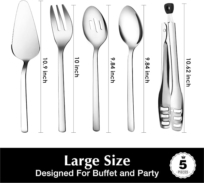 5 piece Large Hostess Serving Utensils Set,18/10 Stainless Steel | Heavy Duty 10-inch Serving Spoons, Slotted Spoons, Serving Fork, Serving Tongs, Cake Pie Server for Buffet, Wedding, Parties