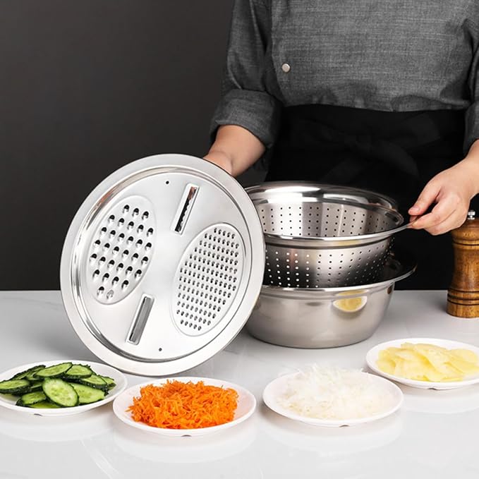 Stainless Steel Kitchen Grater with 26cm Strainer Basin, Multipurpose Vegetable Peeler Grater Set for Fruit Slicing and Salad Preparation, 3pcs Multifunctional Cutting Bowl
